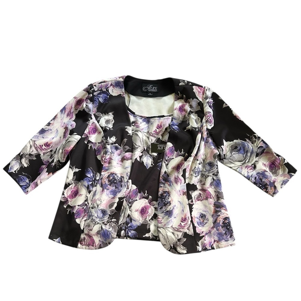 Alex Evenings Plus Size 3/4 Sleeve Purple Black Floral Tank & Jacket Set Size XL - Picture 2 of 14